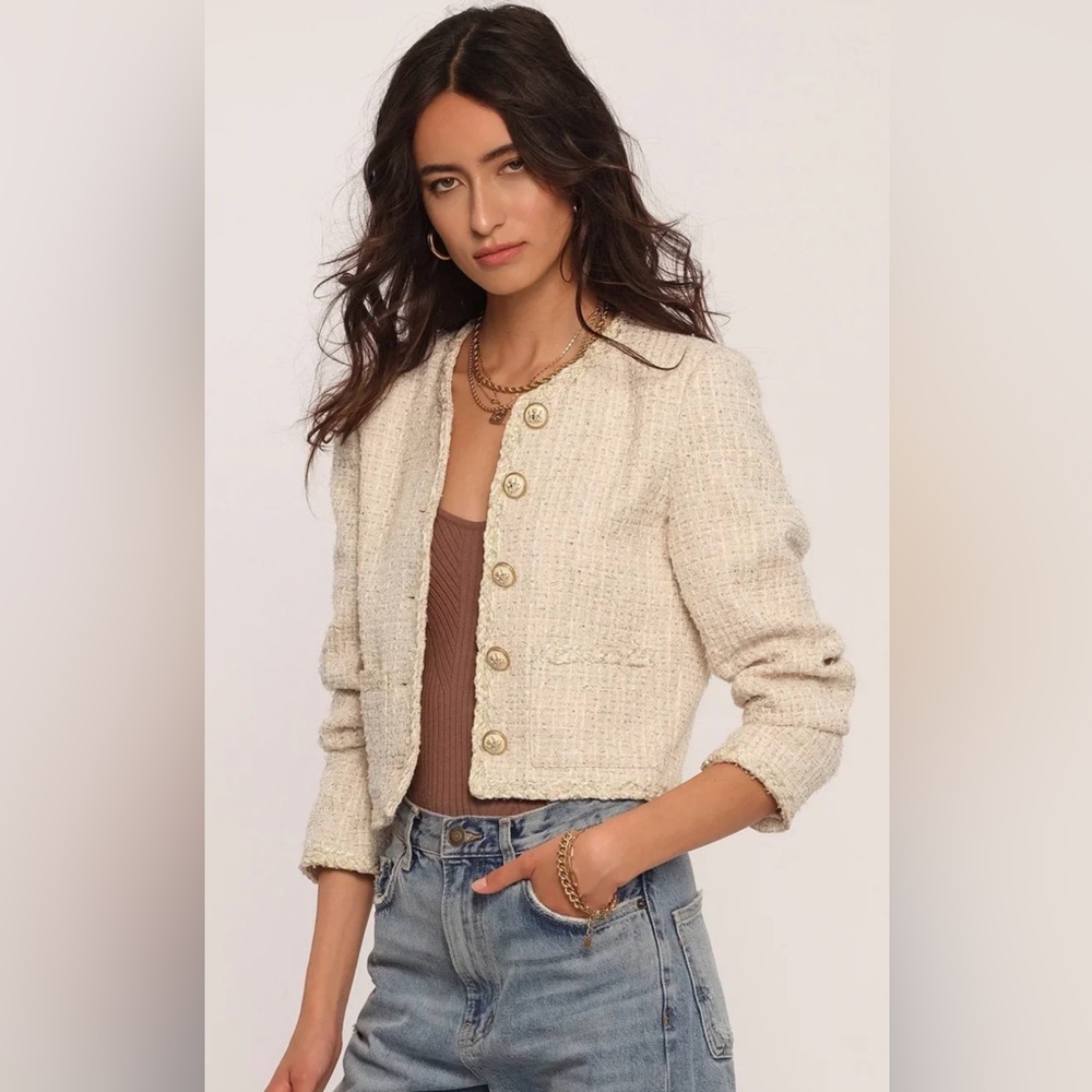 Heartloom Cream Ivory Tweed Blazer Wool Blend Decorative Buttons Gold Accent